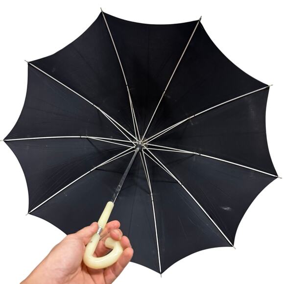 Vintage 36” Black Umbrella With Carved White Bakelite Handle Parasol - Picture 1 of 5